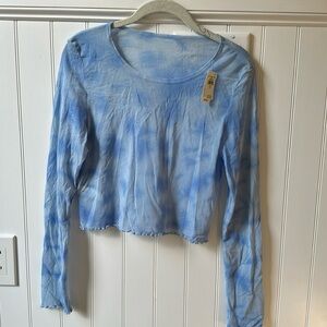 New! Aerie Blue Magic Mesh Cropped Long Sleeve T-shirt Sheer Womens Size L